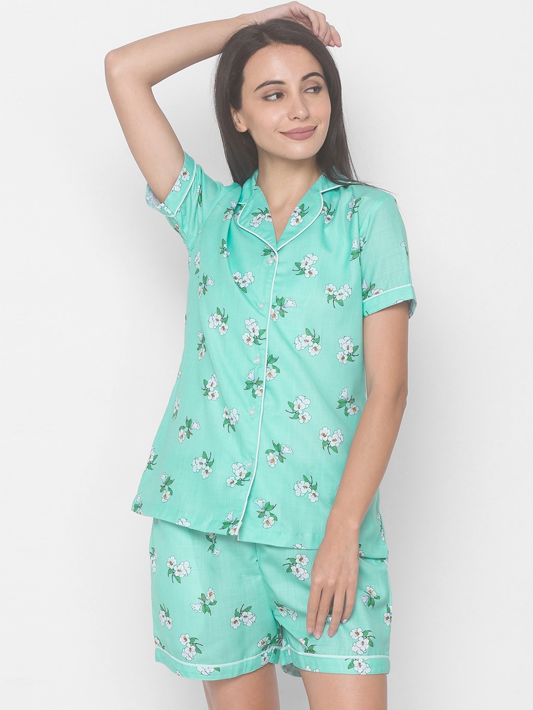 

FashionRack Women Turquoise Blue & White Printed Pure Cotton Night suit