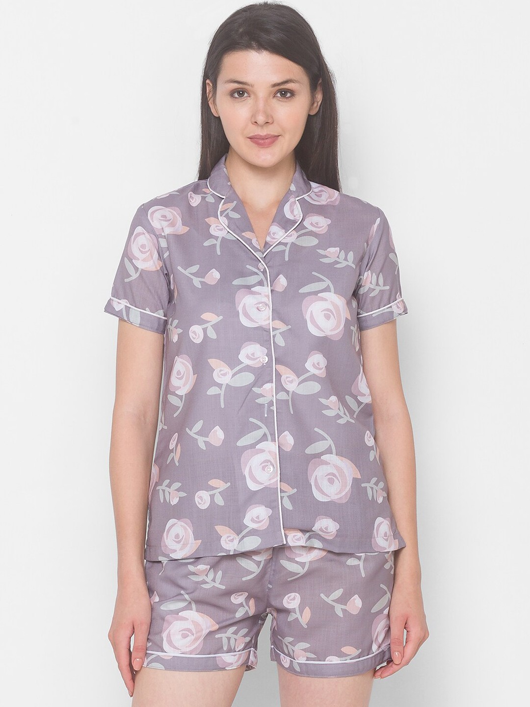 

FashionRack Women Brown & Pink Floral Printed Pure Cotton Night Suit