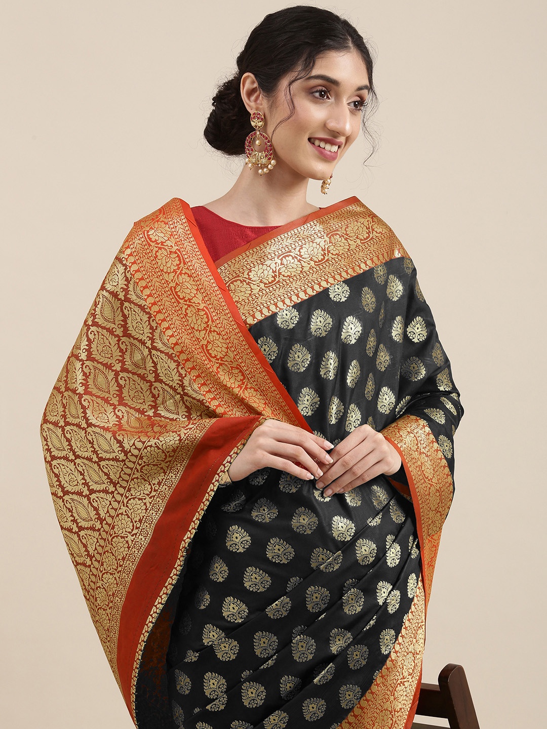 

Mitera Black & Red Woven Design Zari Silk Blend Banarasi Saree
