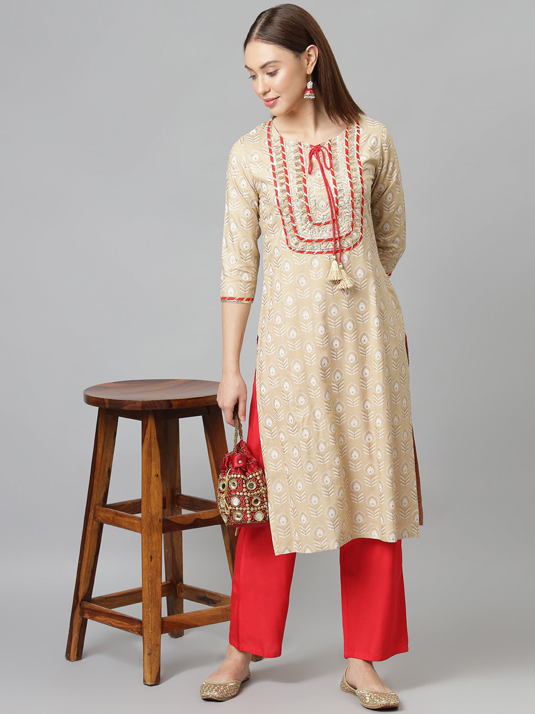 

Khushal K Women Beige & Maroon Ethnic Motifs Gotta Patti Kurta With Trousers