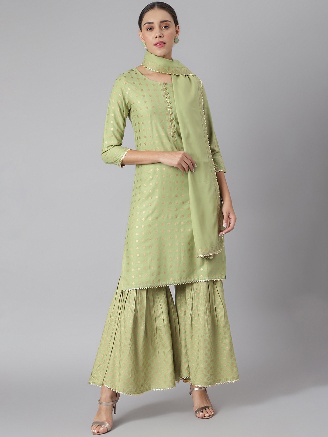 

Khushal K Women Green Printed Kurta with Sharara & With Dupatta