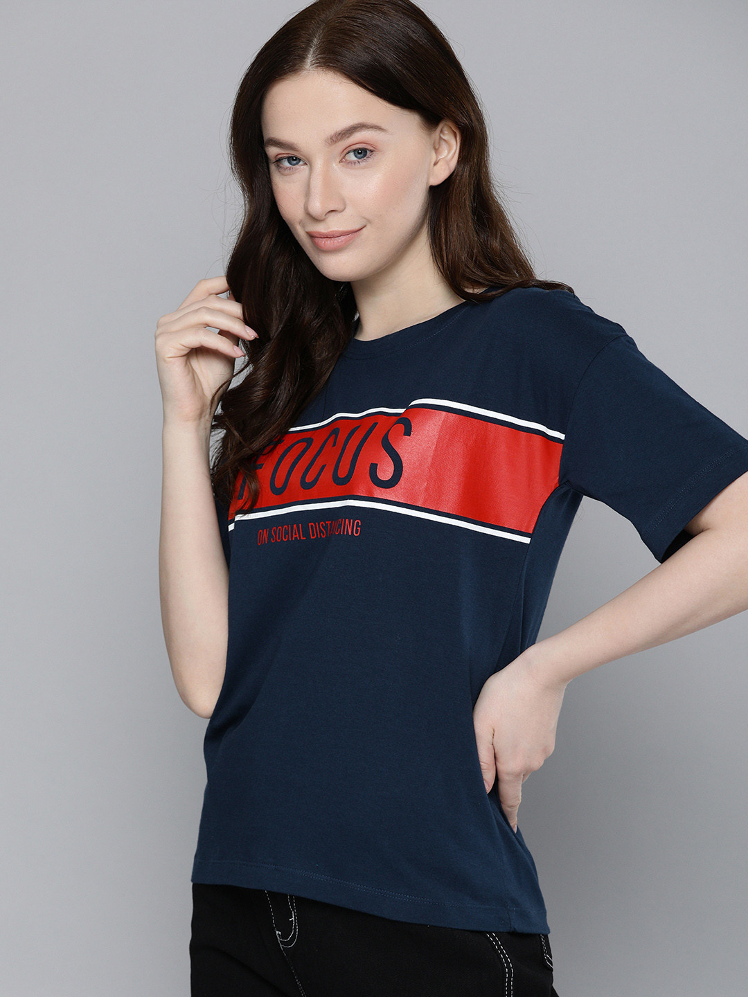 

Harvard Women Navy Blue Typography Printed Drop-Shoulder Sleeves Pure Cotton T-shirt