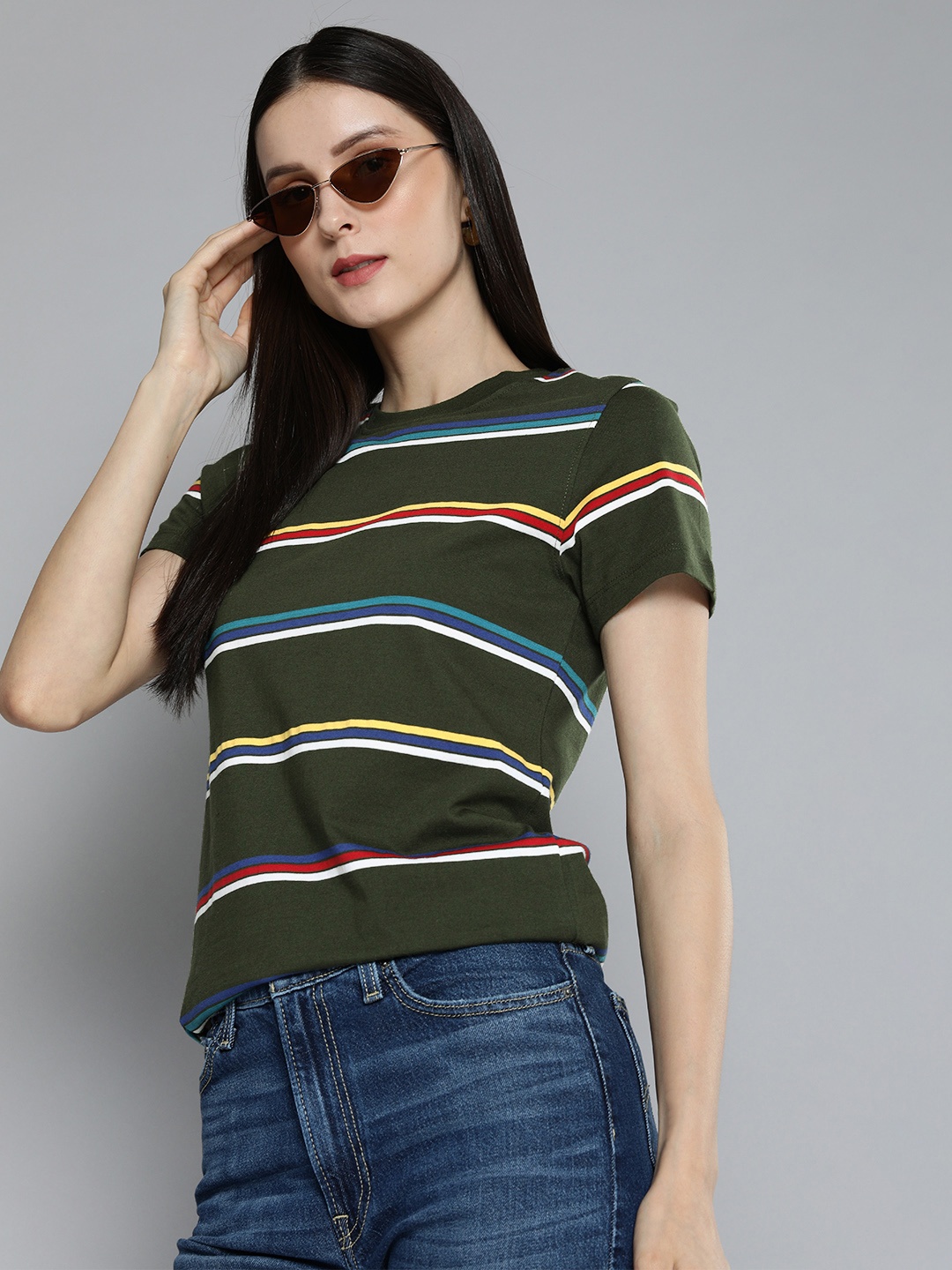 

Harvard Women Olive Green & Blue Multi Or Variegated Stripes Pure Cotton T-shirt