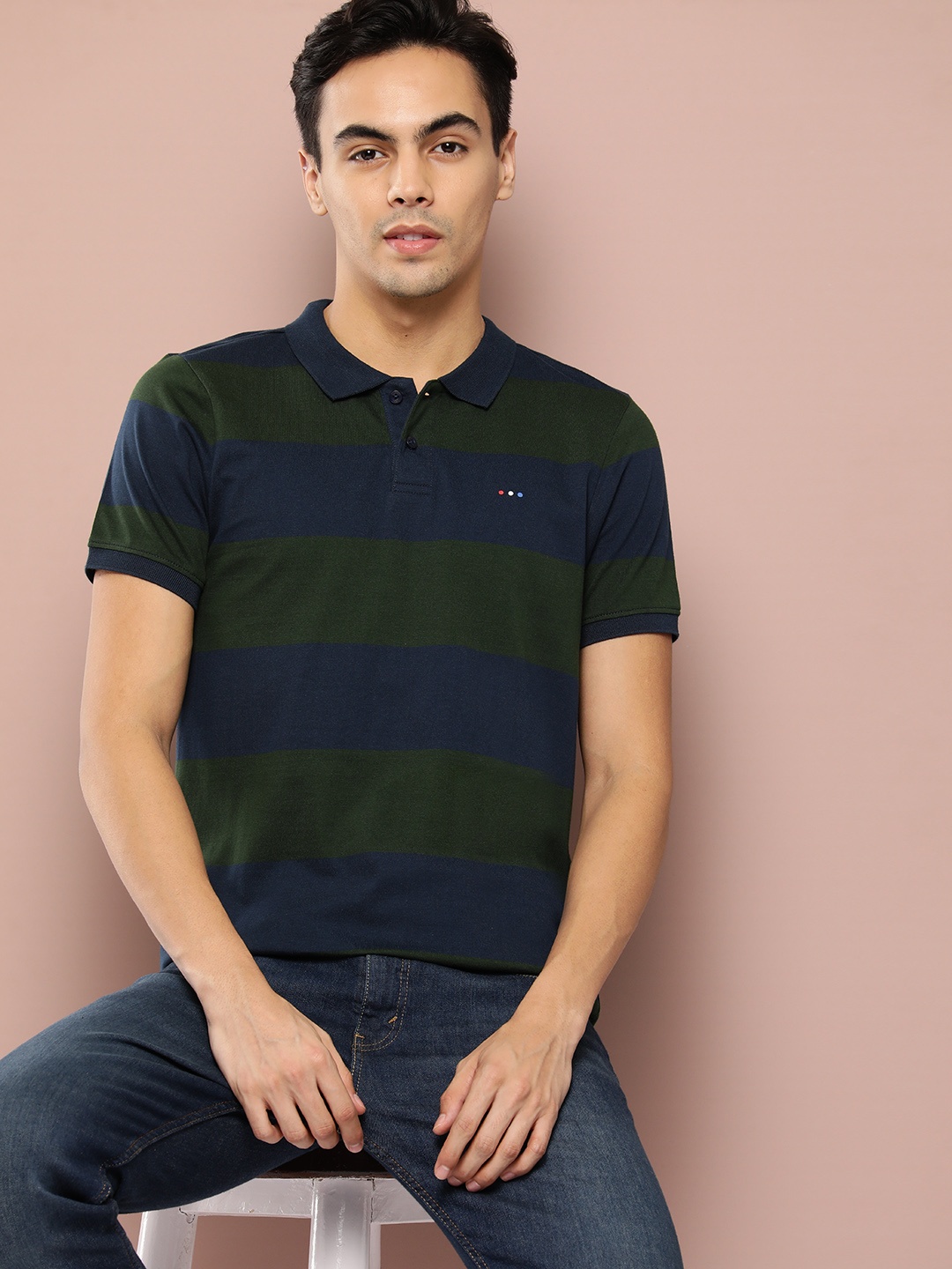 

Harvard Striped Polo Collar Pure Cotton T-shirt, Green