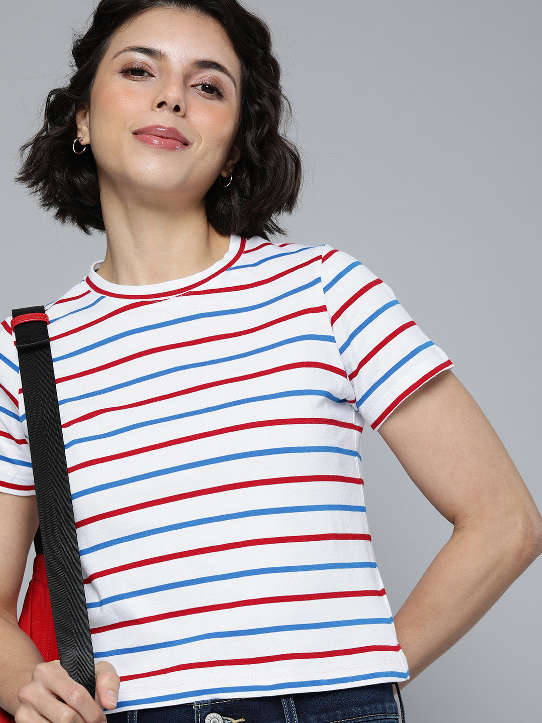 

Harvard Women White & Red Striped Cropped Pure Cotton T-shirt