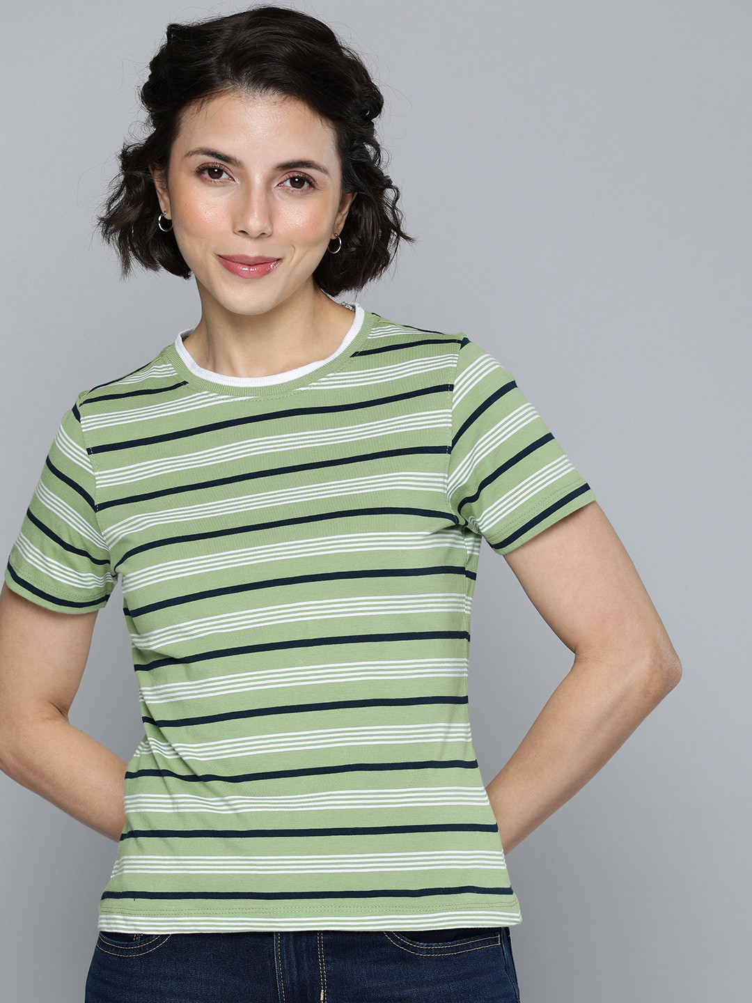 

Harvard Women Green & White Striped Pure Cotton T-shirt