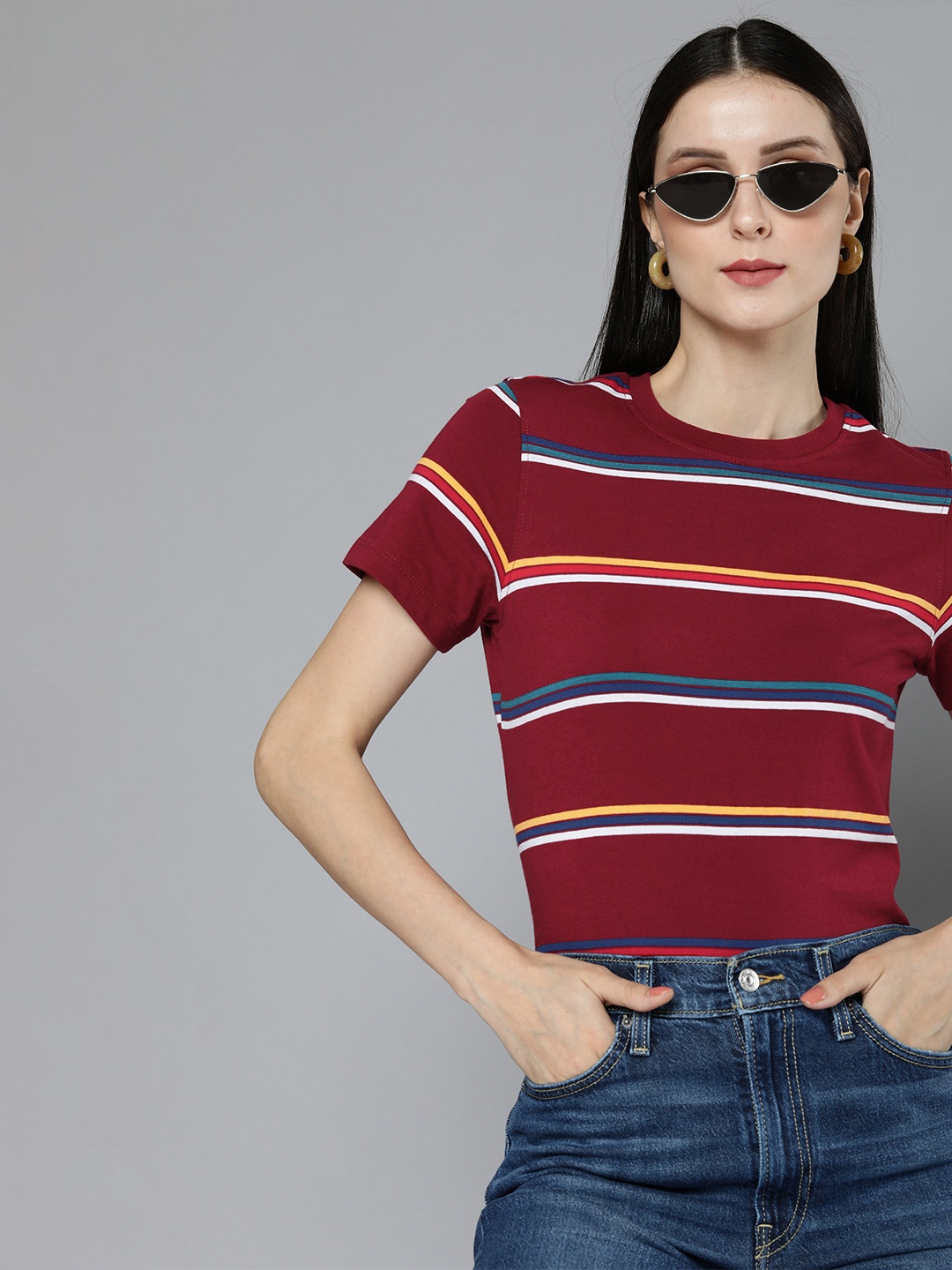 

Harvard Women Maroon & Blue Multi Or Variegated Stripes Pure Cotton T-shirt