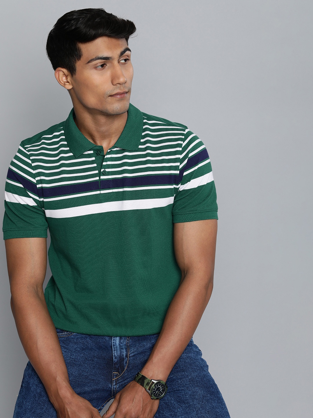 

Harvard Men Green Striped Polo Collar T-shirt