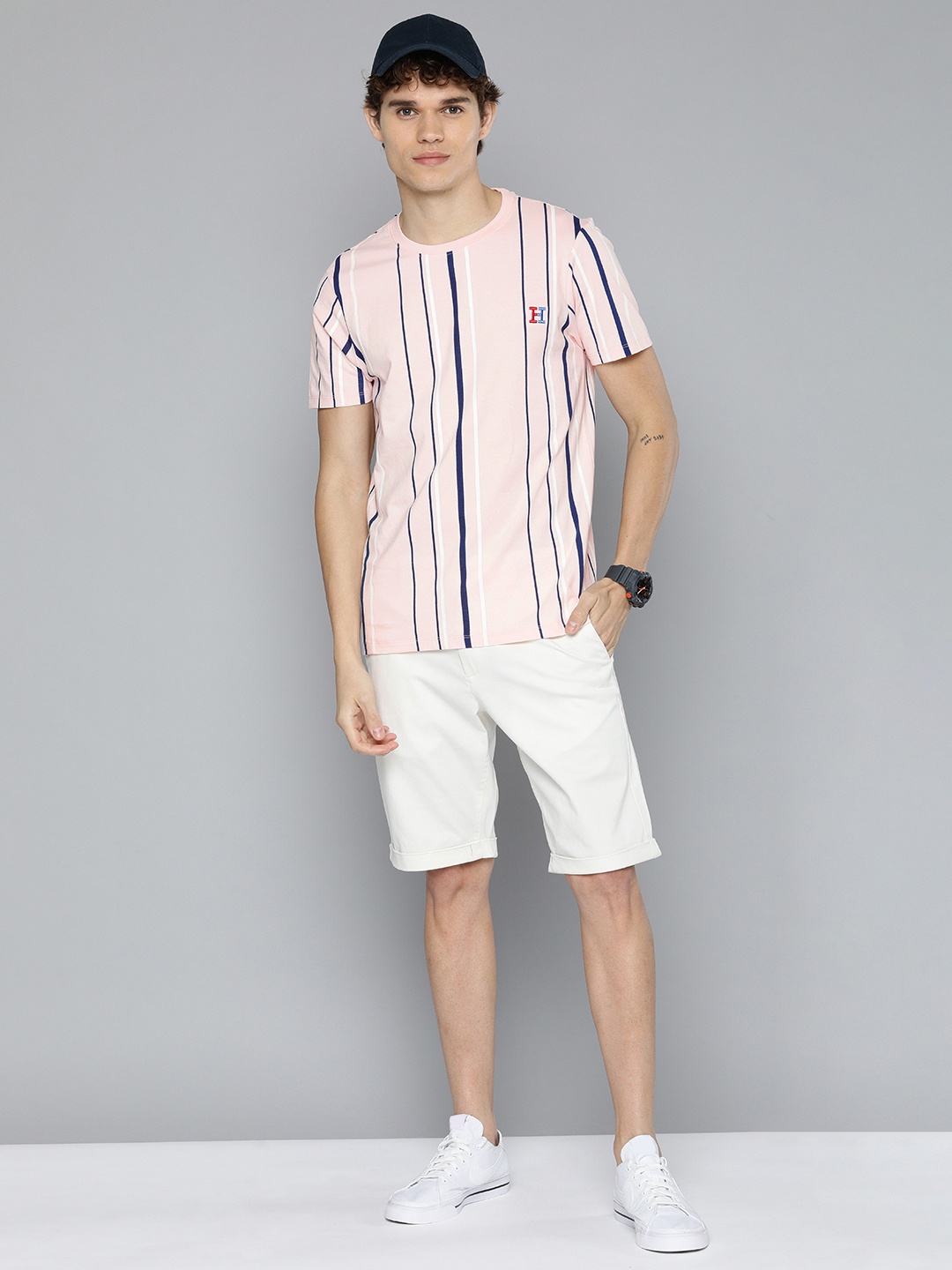 

Harvard Men Peach-Coloured & Navy Blue Striped Pure Cotton T-shirt