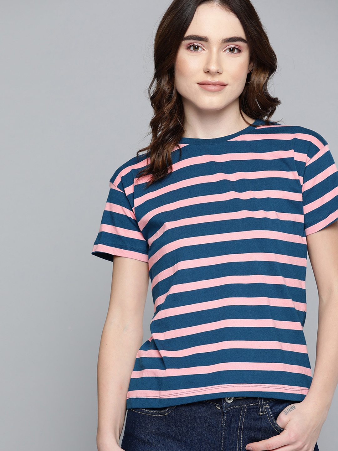 

Harvard Women Blue & Pink Striped Pure Cotton T-shirt