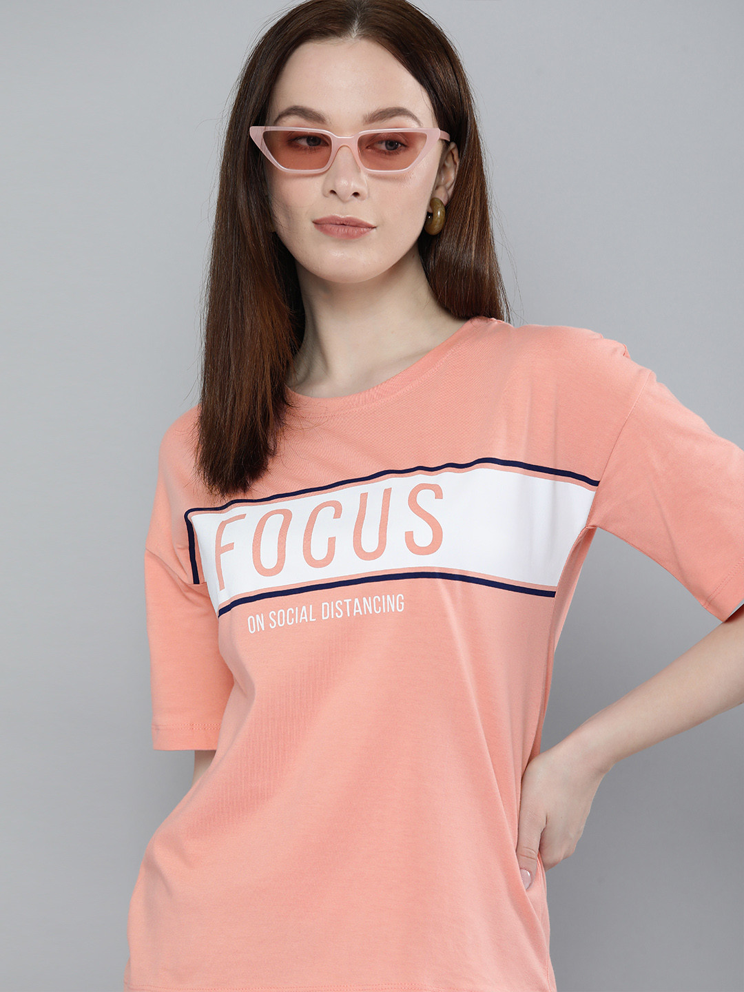 

Harvard Women Pink & White Colourblocked & Typography Printed Casual T-shirt