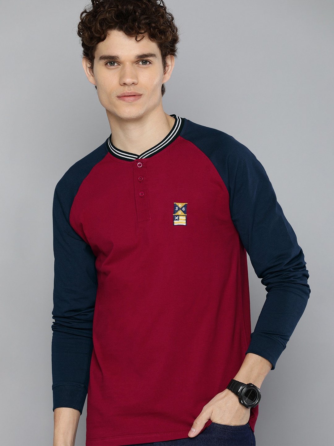 

Harvard Men Red & Navy Blue Colourblocked Henley Neck Pure Cotton T-shirt