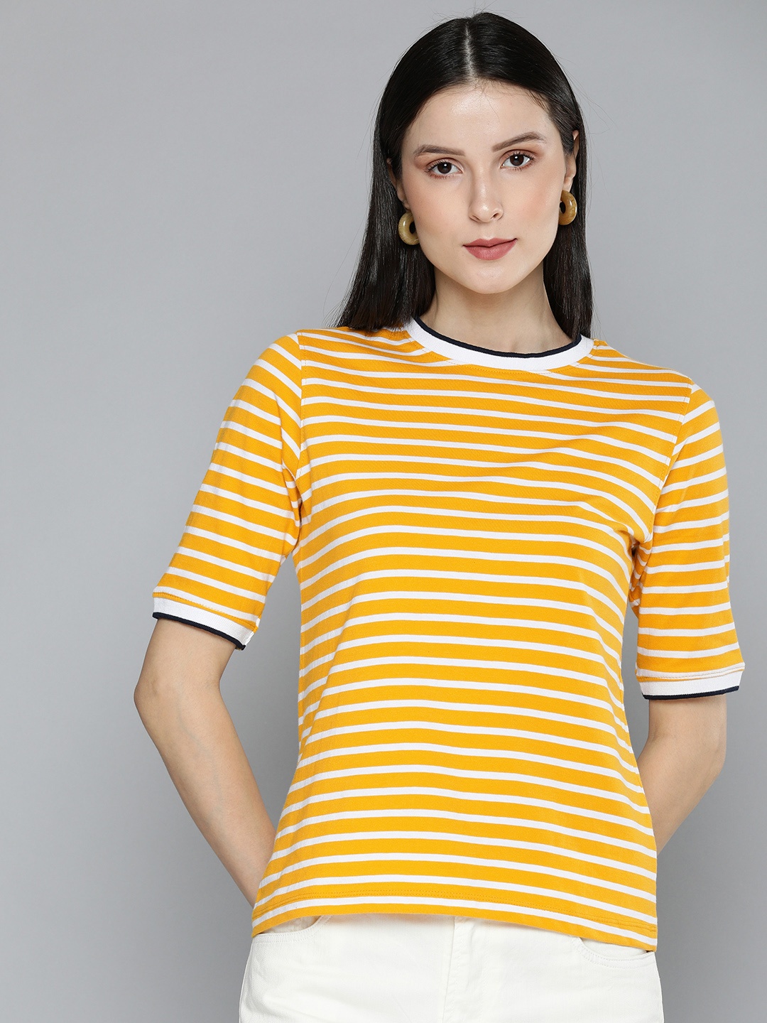 

Harvard Women Yellow & White Horizontal Stripes Pure Cotton T-shirt