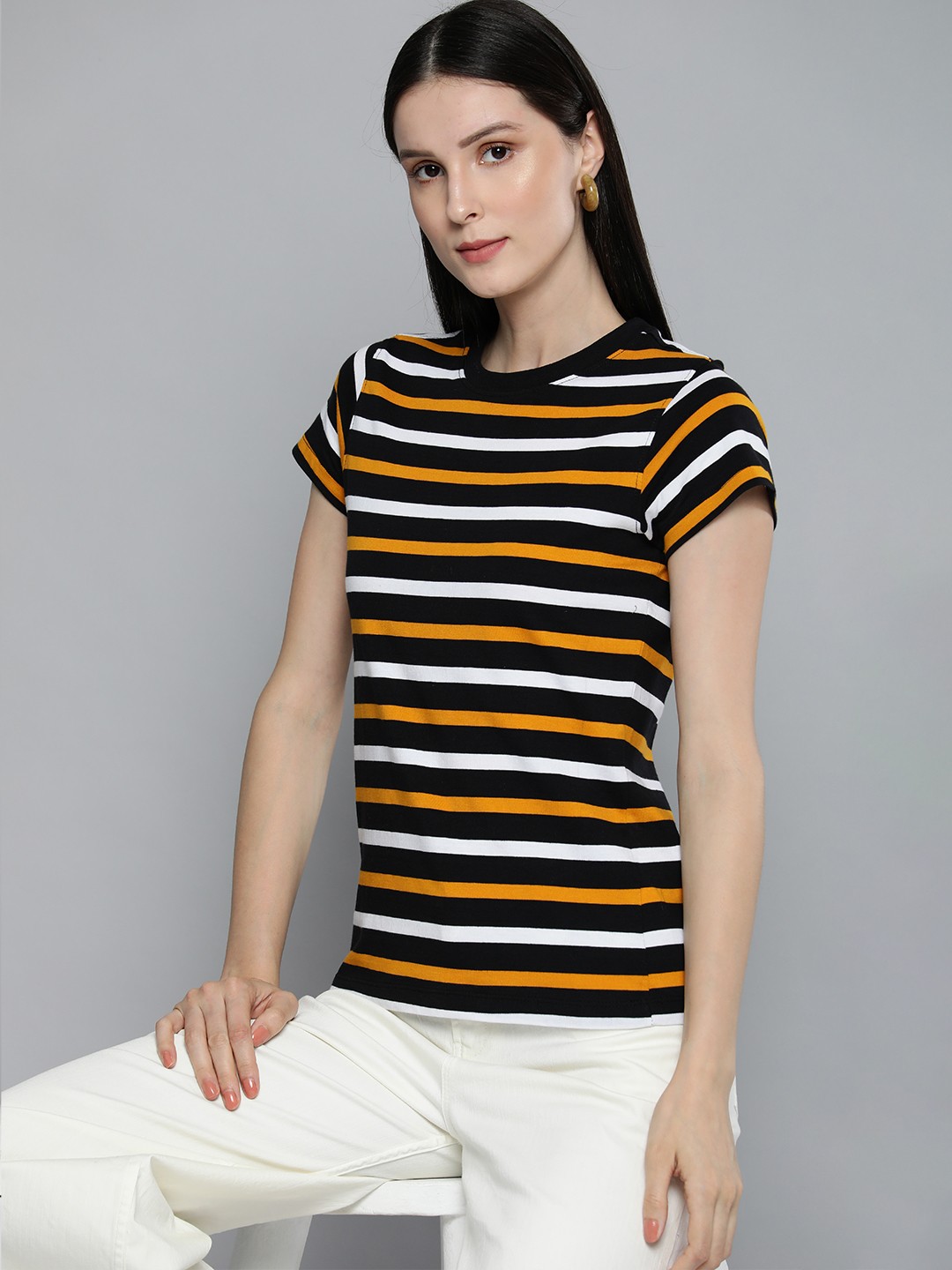 

Harvard Women Black & White Multi Or Variegated Stripes Round Neck Pure Cotton T-shirt