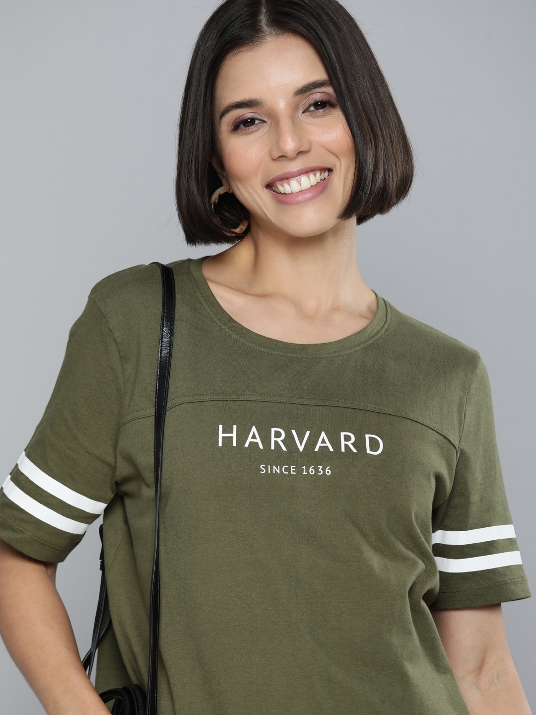 

Harvard Women Olive Green & White Brand Logo Printed Pure Cotton Applique T-shirt