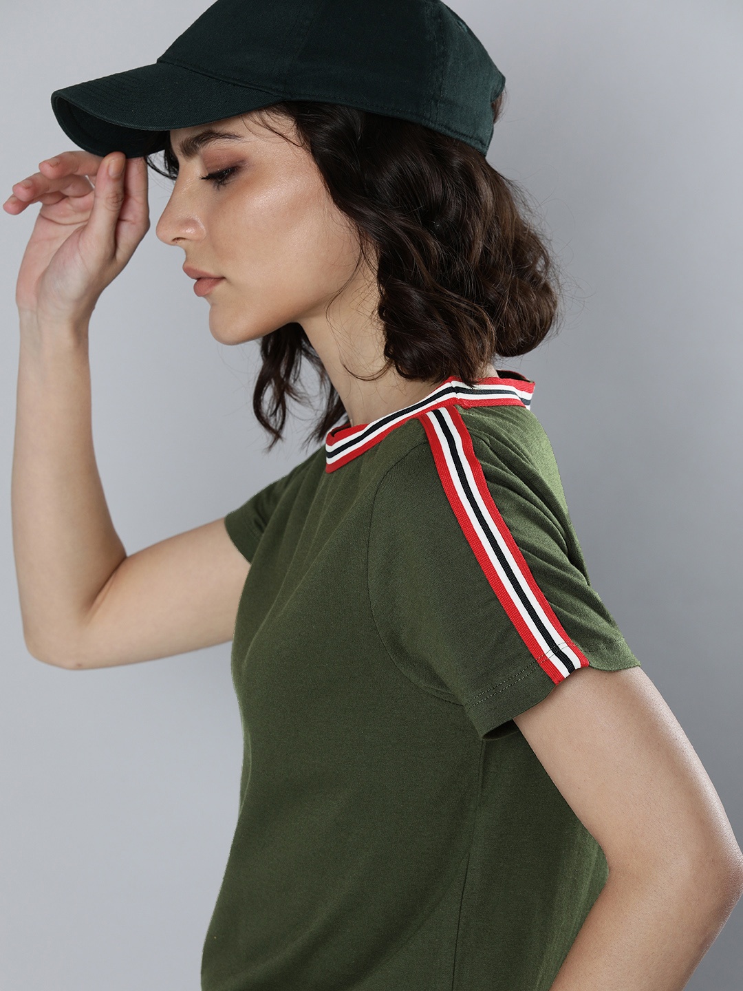 

Harvard Women Olive Green Pure Cotton T-shirt with Contrast Tipping