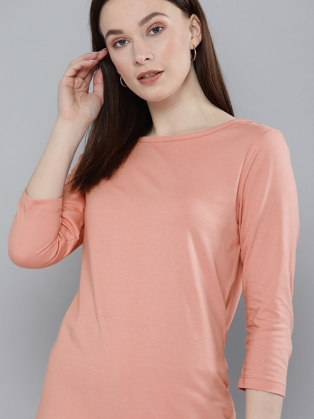 

Harvard Women Peach-Coloured Solid Long Sleeves Casual T-shirt