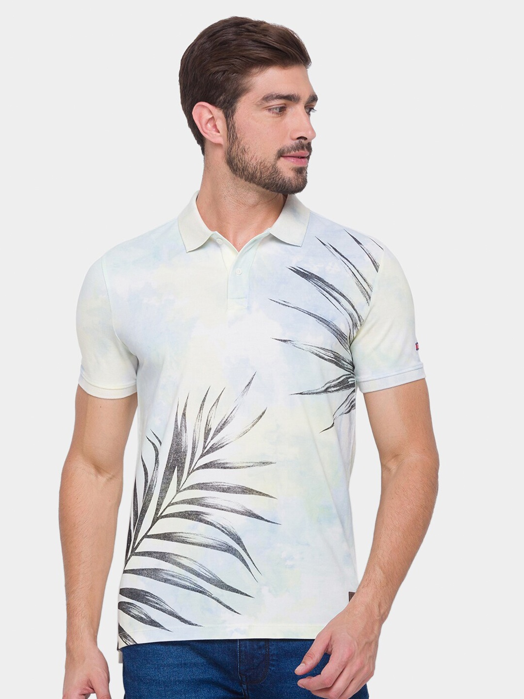 

Being Human Men Blue Floral Printed Polo Collar Raw Edge T-shirt