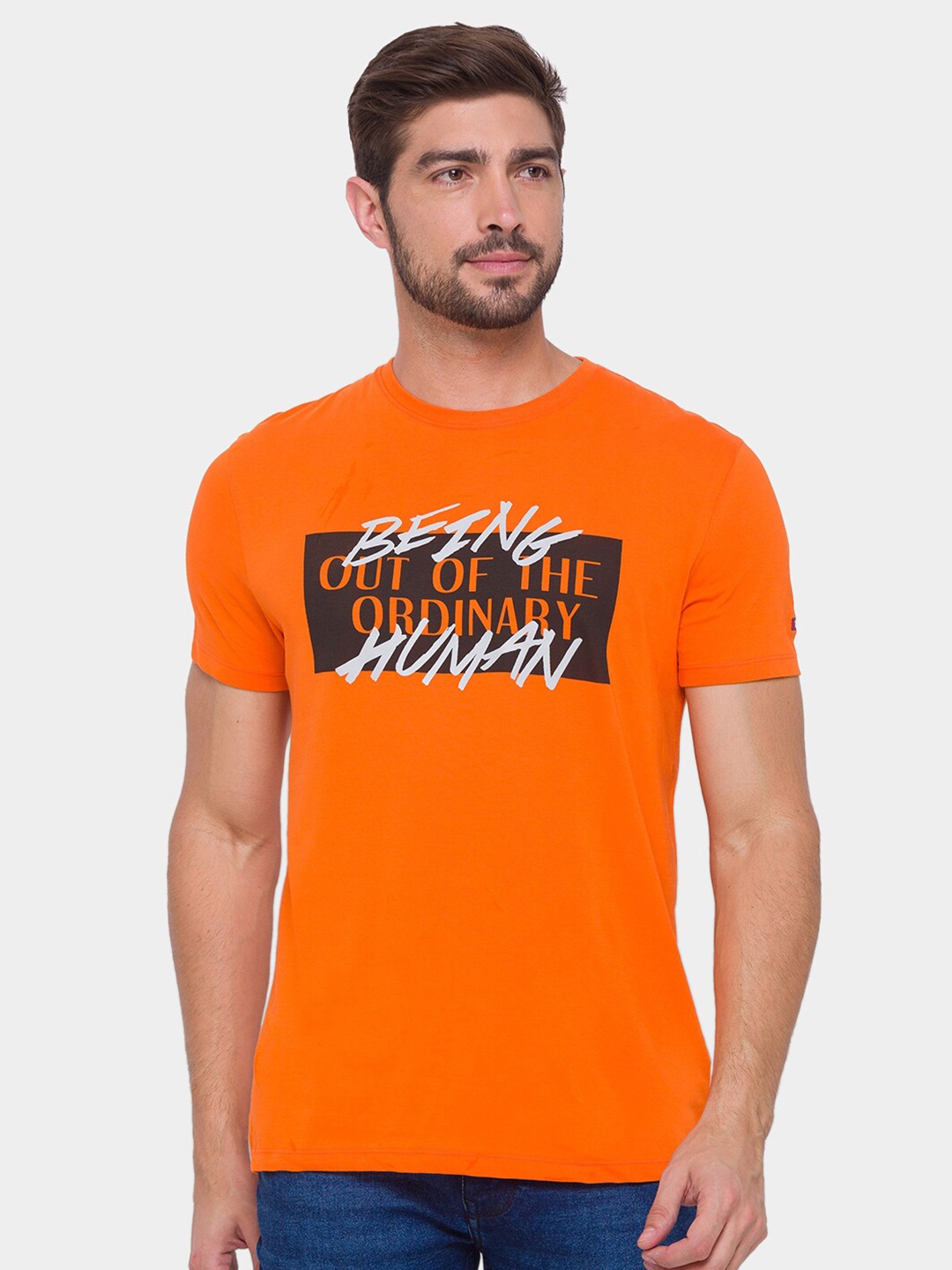 

Being Human Men Orange & Black Typography Printed Pure Cotton T-shirt
