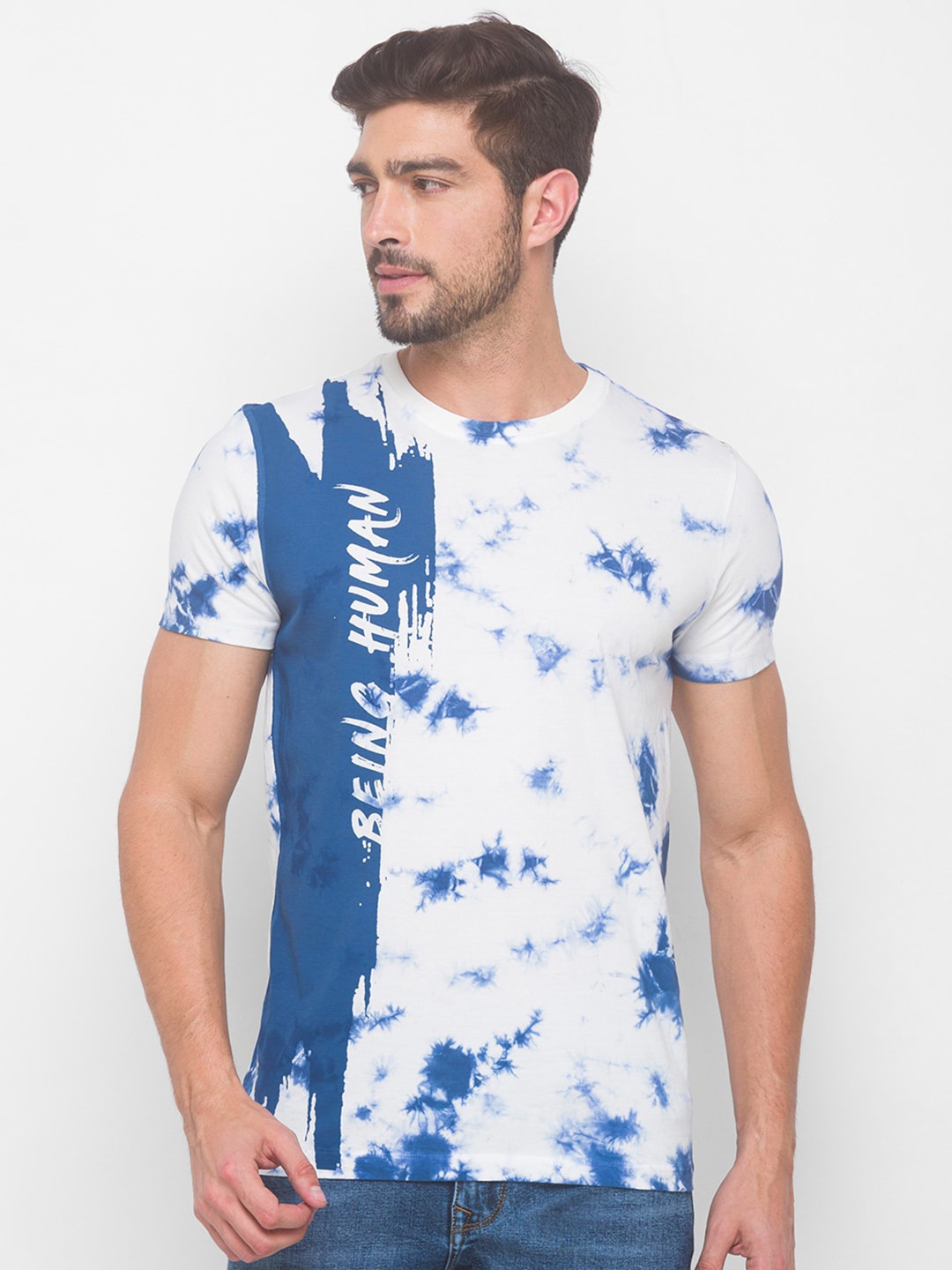 

Being Human Men Blue & White Tie & Dye Printed Pure Cotton T-shirt