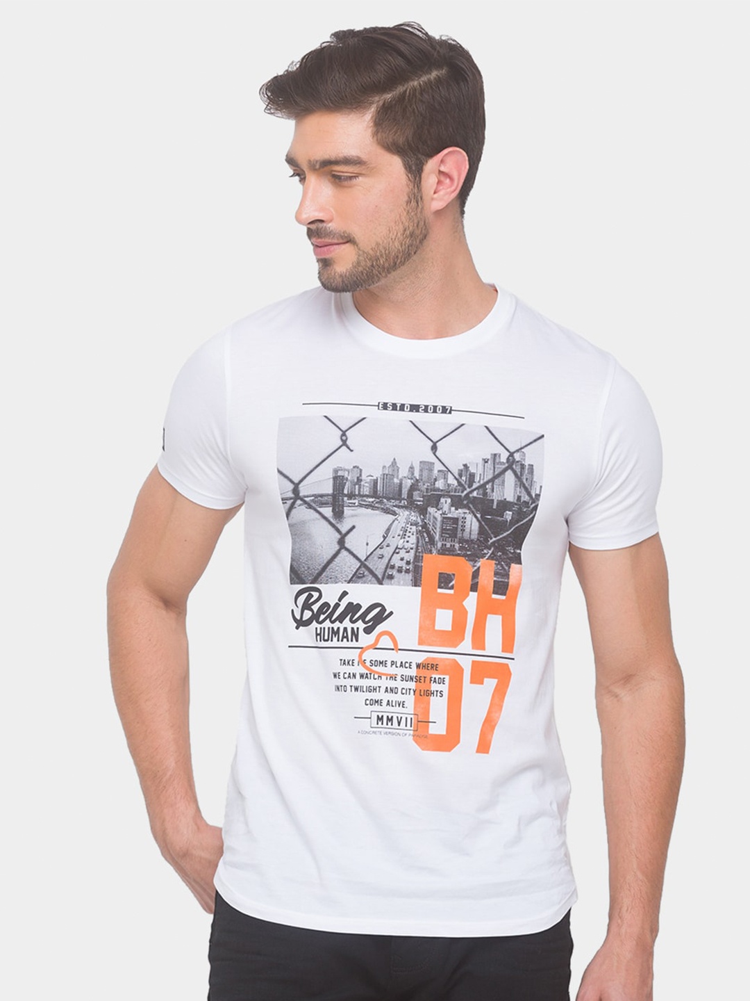 

Being Human Men White & Grey Typography Printed Pure Cotton T-shirt