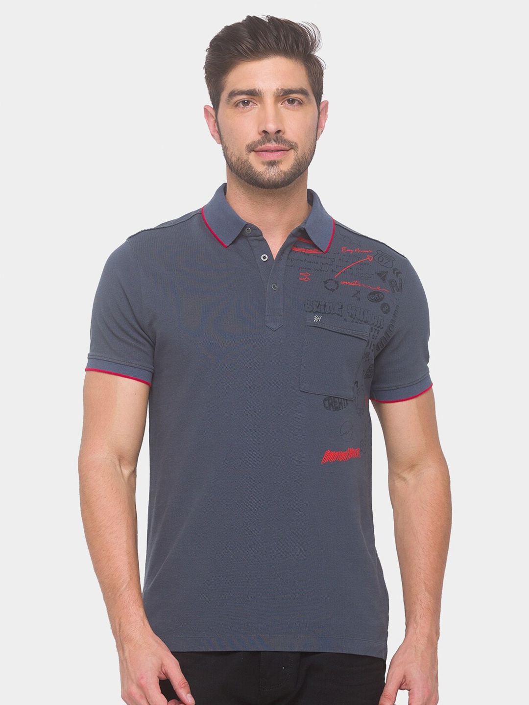

Being Human Men Grey & Red Typography Printed Polo Collar Pure Cotton T-shirt