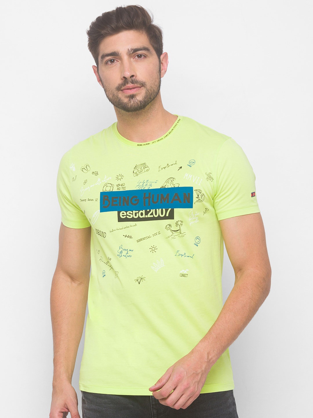 

Being Human Men Yellow & Blue Typography Printed Pure Cotton T-shirt