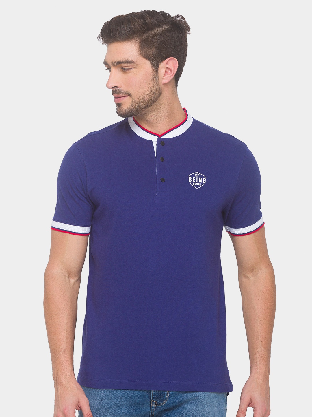 

Being Human Men Navy Blue Mandarin Collar T-shirt