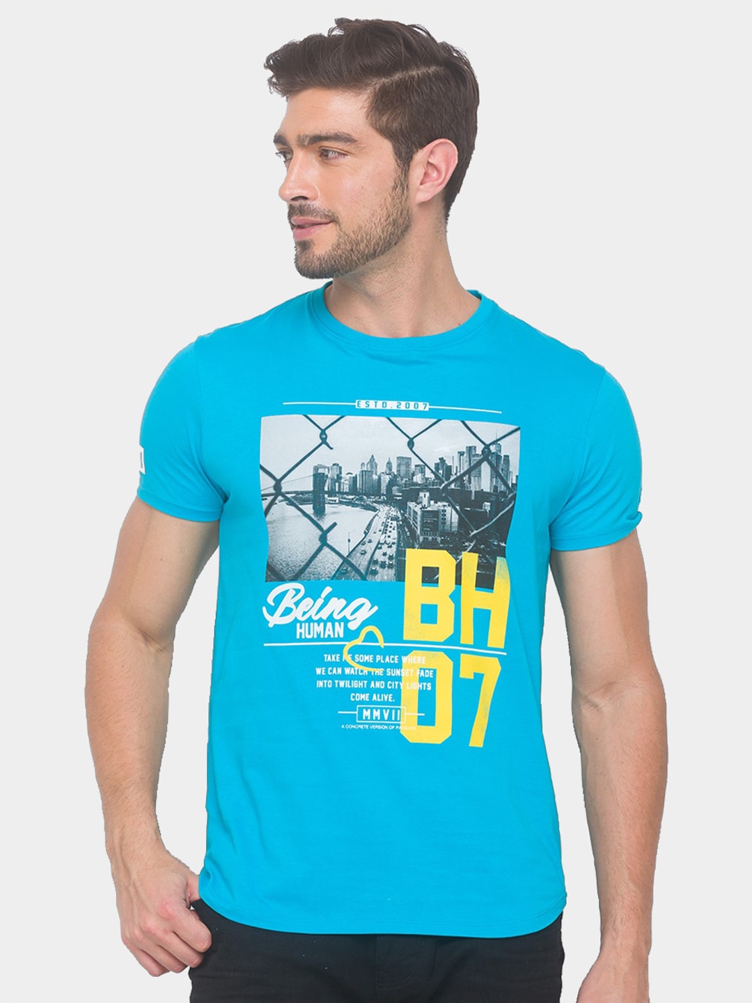 

Being Human Men Blue & Yellow Typography Printed Pure Cotton T-shirt