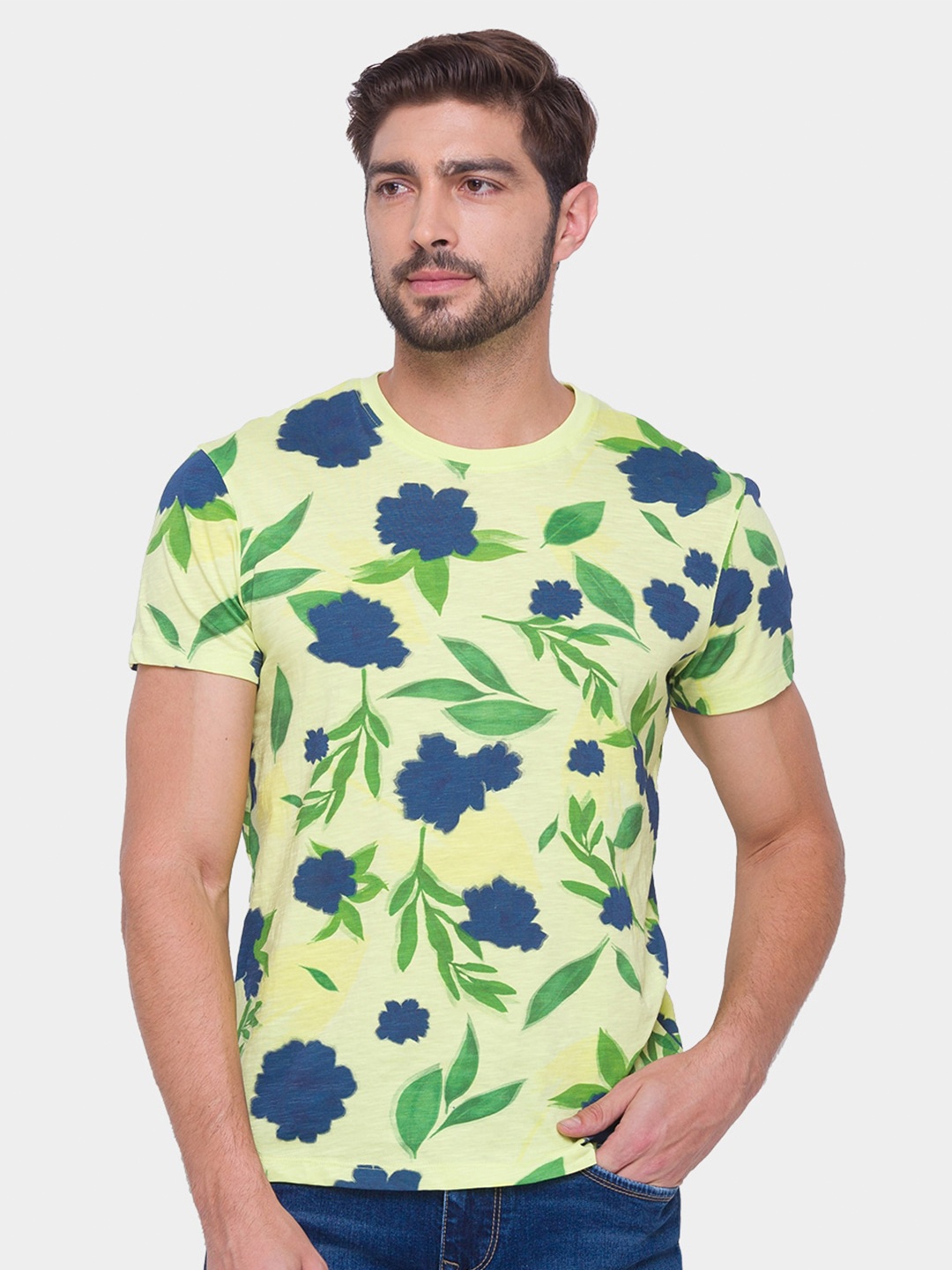 

Being Human Men Yellow & Blue Floral Printed T-shirt