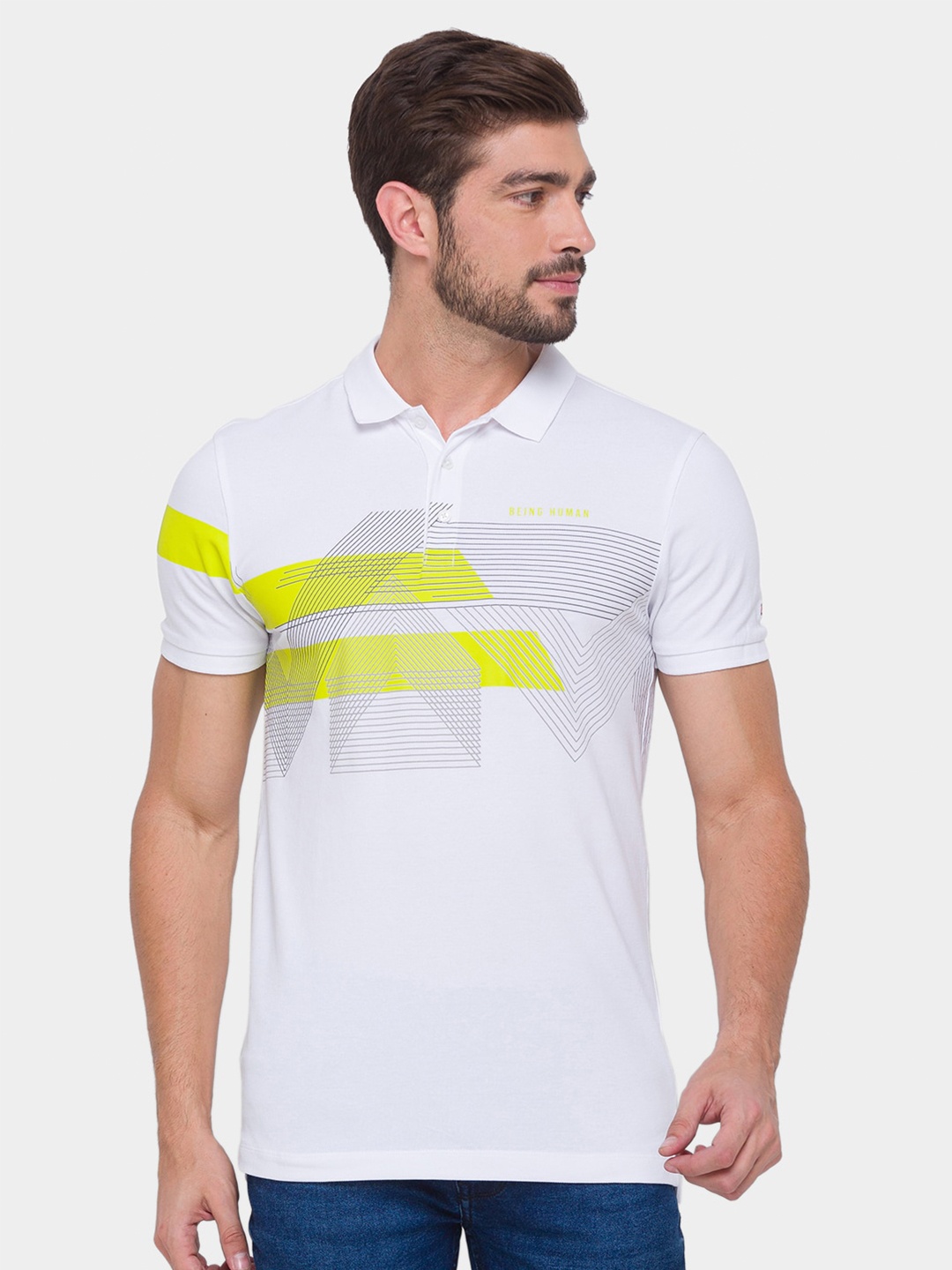 

Being Human Men White & Yellow Striped Polo Collar T-shirt