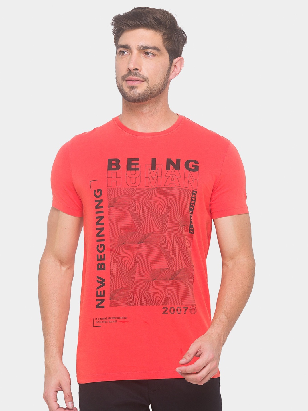 

Being Human Men Orange & Black Printed Pure Cotton T-shirt