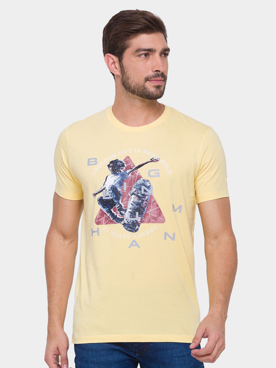 

Being Human Men Pure Cotton Printed T-shirt, Yellow
