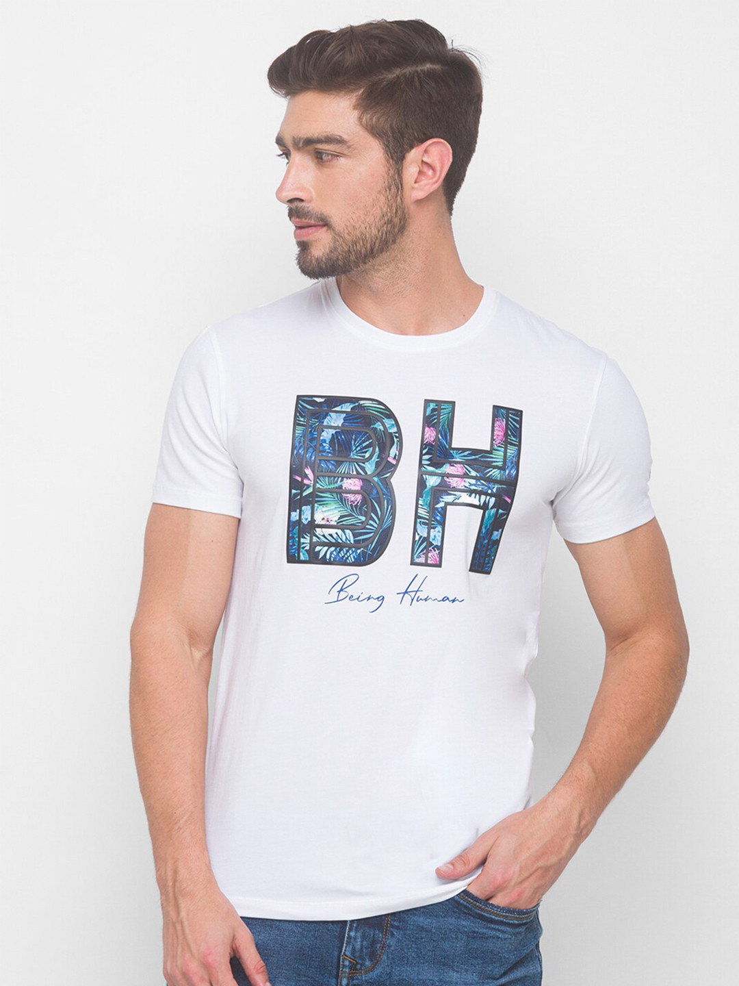 

Being Human Men White & Blue Typography Printed T-shirt