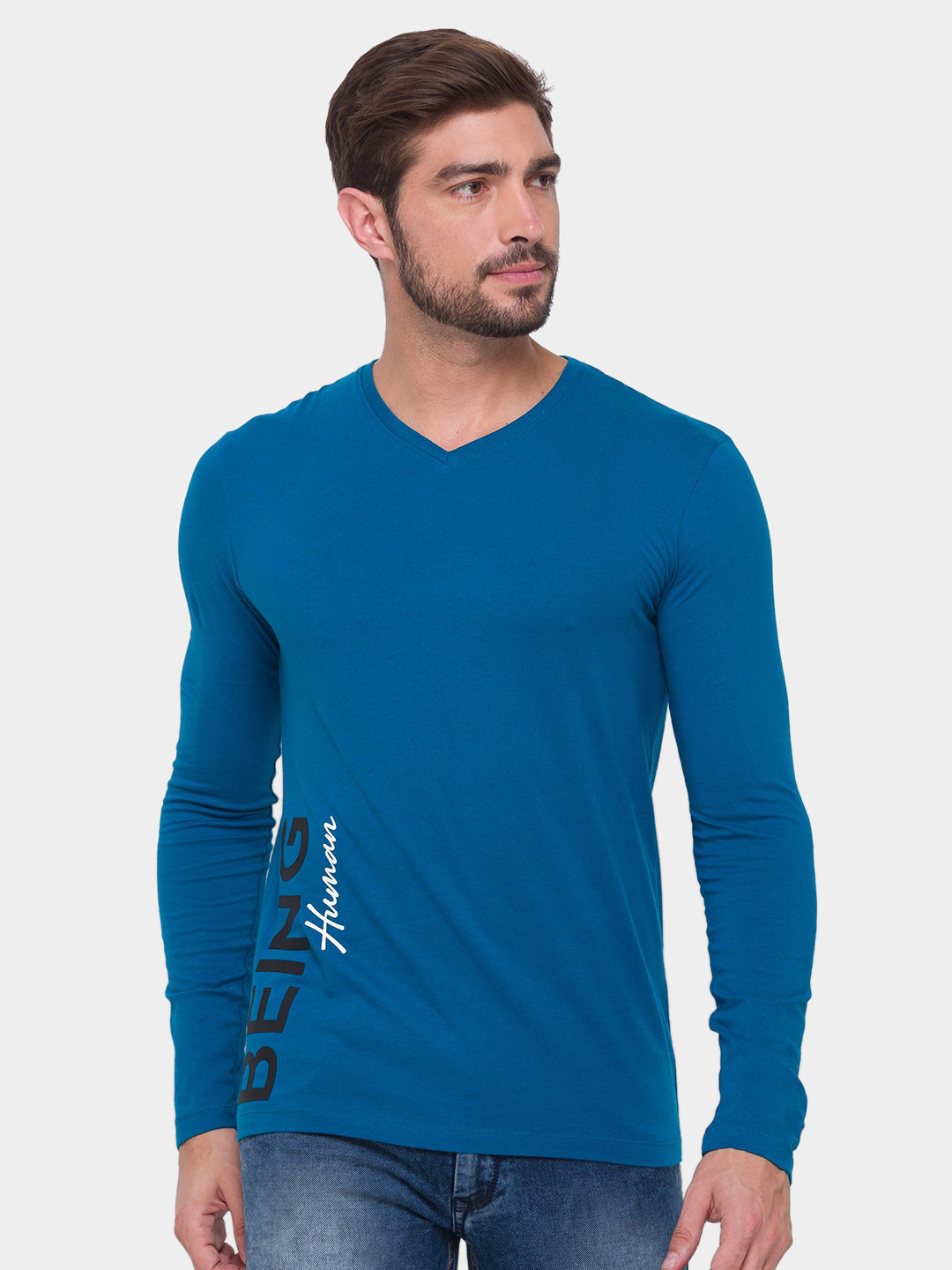

Being Human Men Blue Typography V-Neck Applique T-shirt