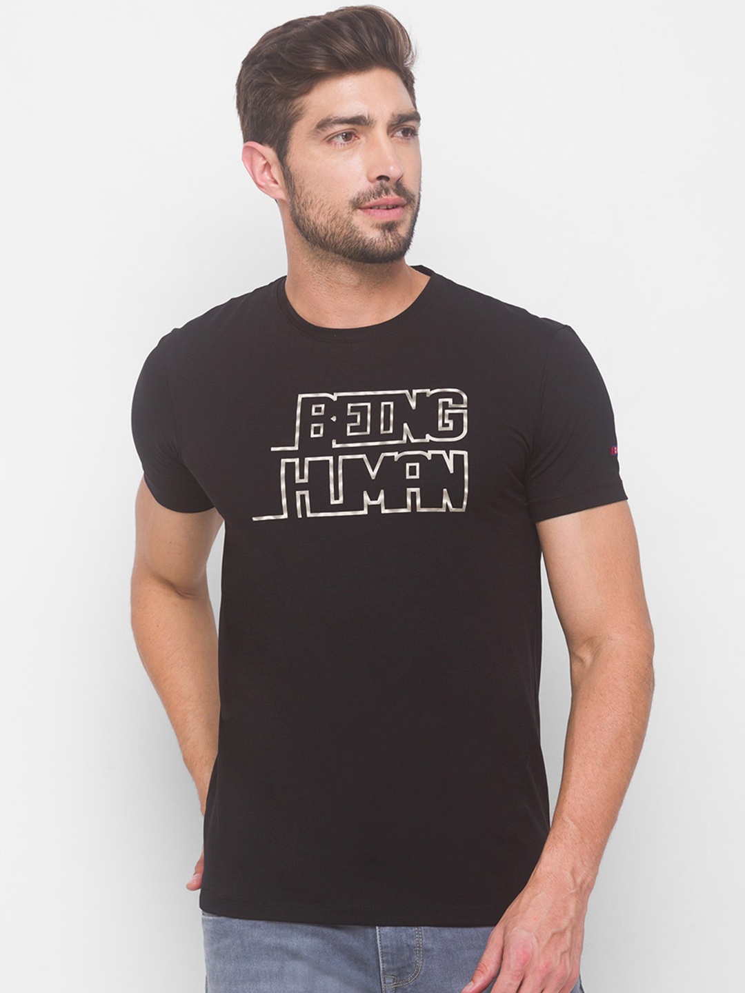 

Being Human Men Black & White Typography Printed T-shirt