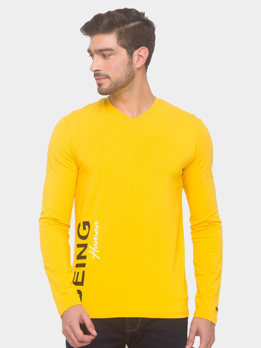 

Being Human Men Yellow Typography Printed V-Neck T-shirt