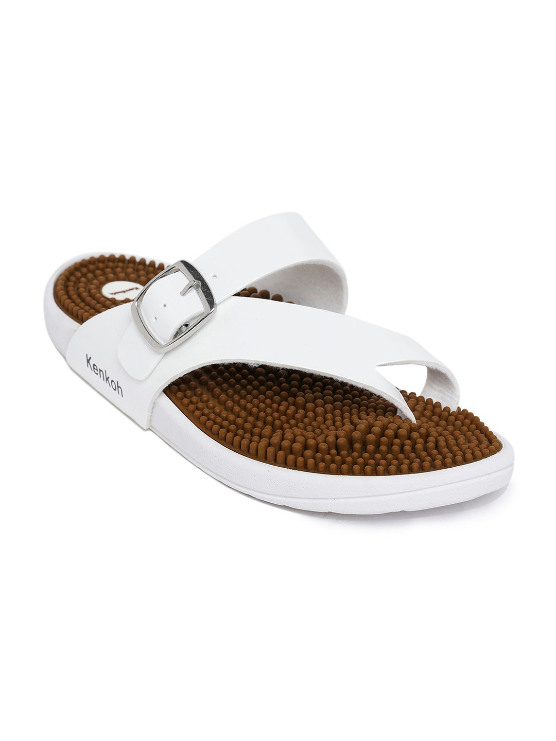

Kenkoh Women White Leather Open Toe Flats with Buckles