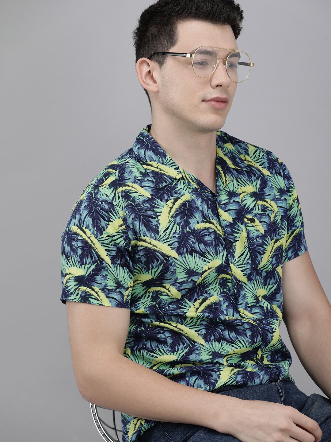 

THE BEAR HOUSE Men Blue & Mustard Yellow Tropical Printed Classic Slim Fit Casual Shirt