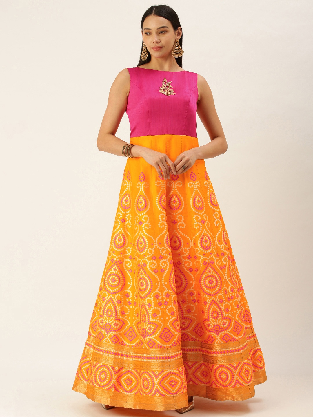 

Ethnovog Mustard Yellow Pink Woven Design Made To Measure Maxi Dress