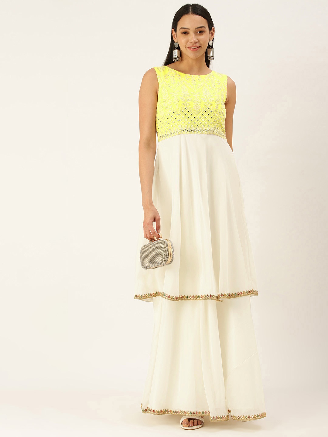 

Ethnovog White Yellow Embroidered Layered Made to Measure Maxi Dress