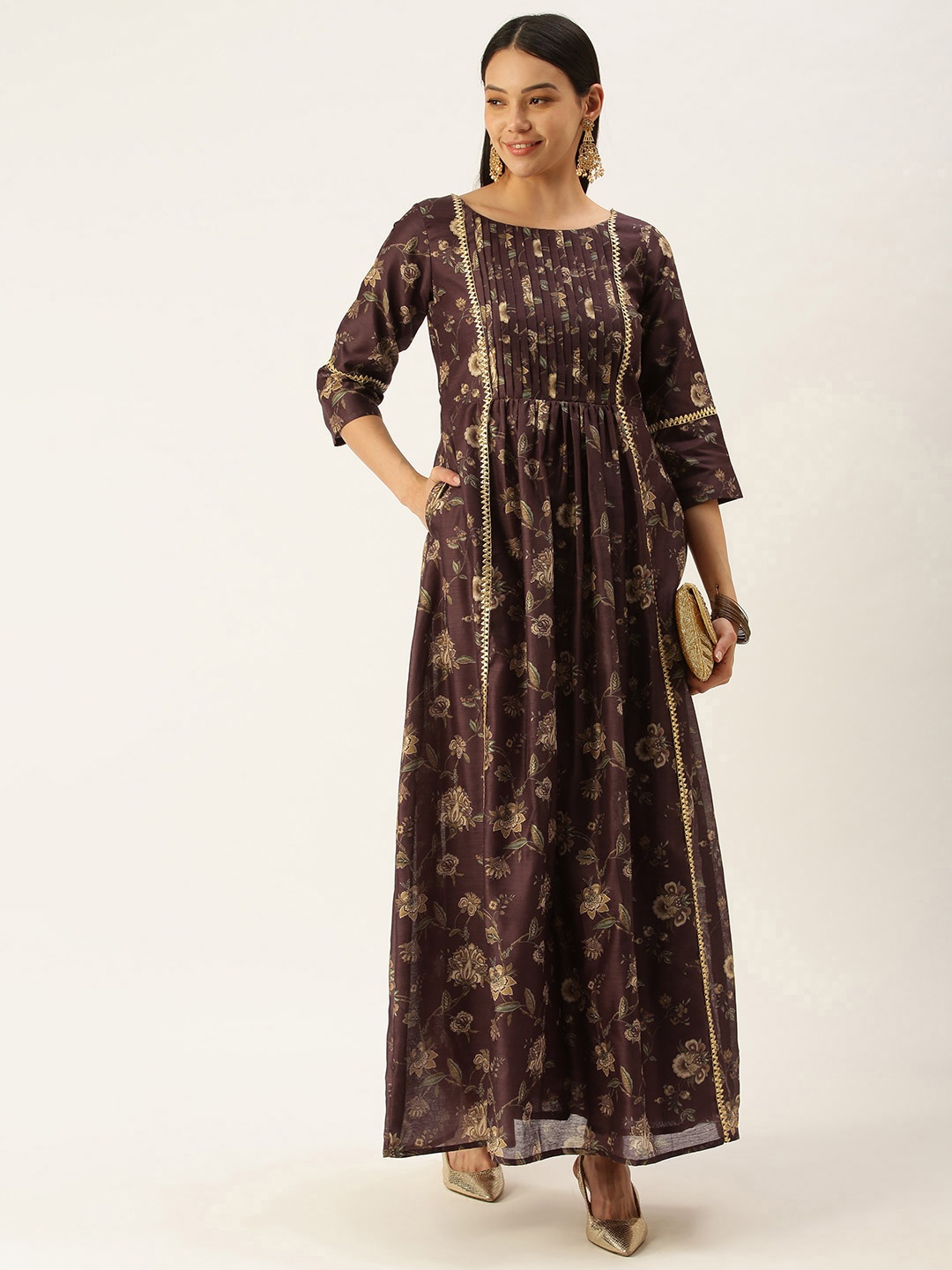 

Ethnovog Brown Golden Floral Satin Made To Measure Maxi Dress