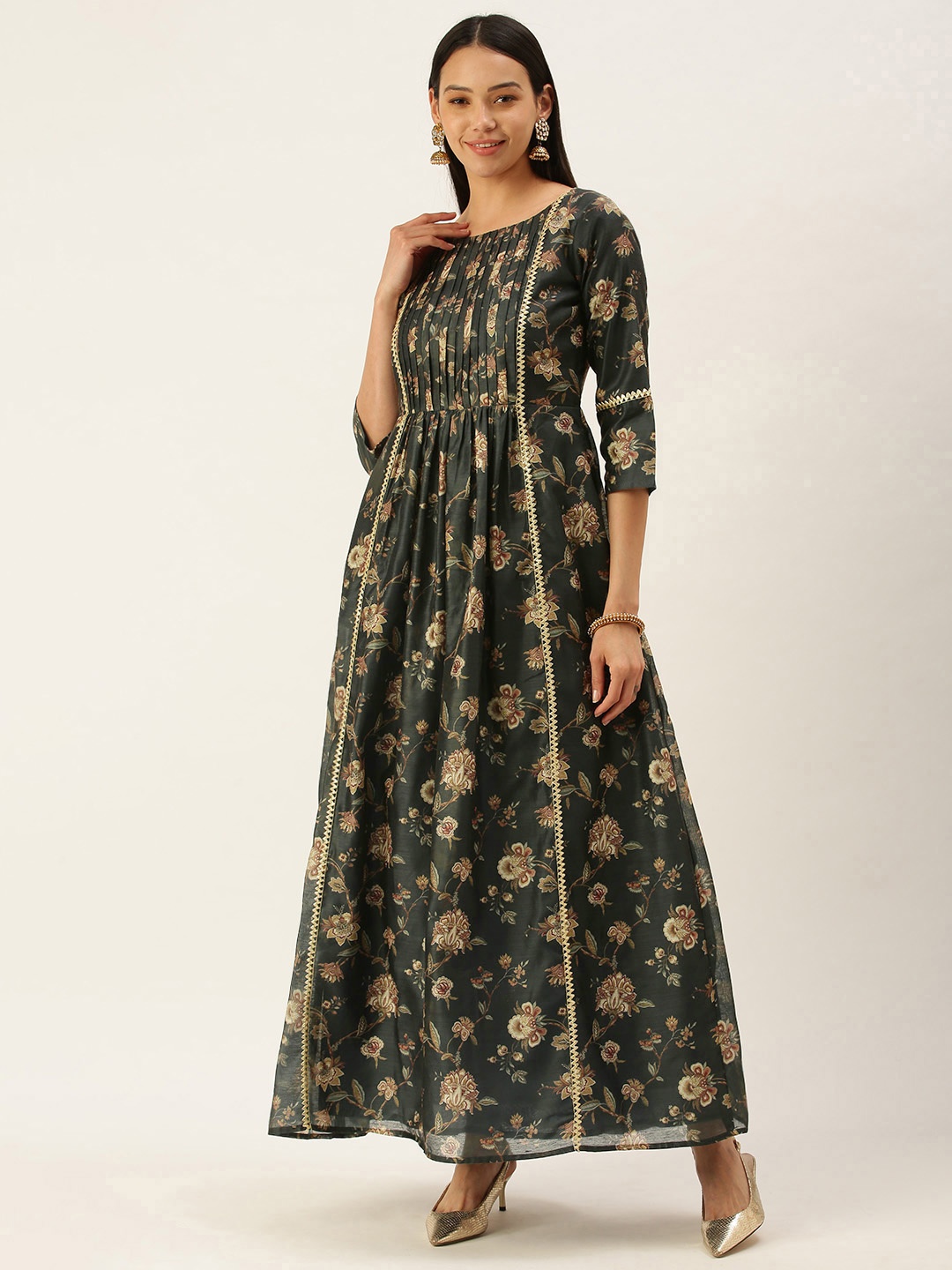 

Ethnovog Green Golden Floral Satin Made To Measure Maxi Dress