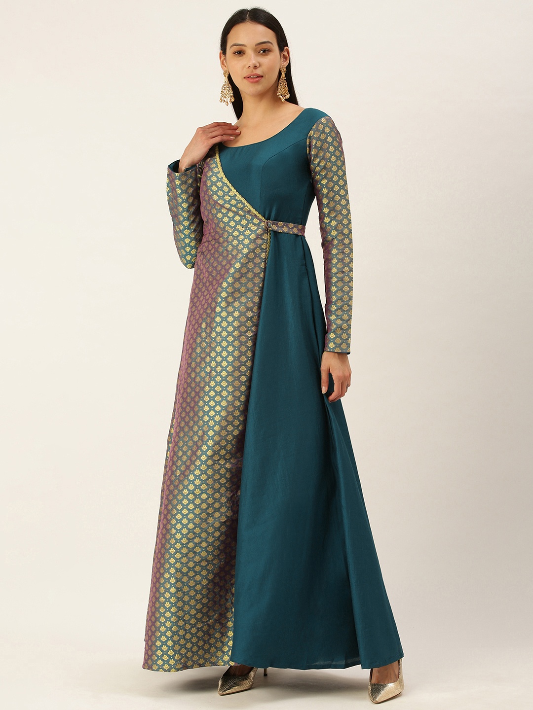 

Ethnovog Blue Golden Silk Woven Design Made to Measure Maxi Dress