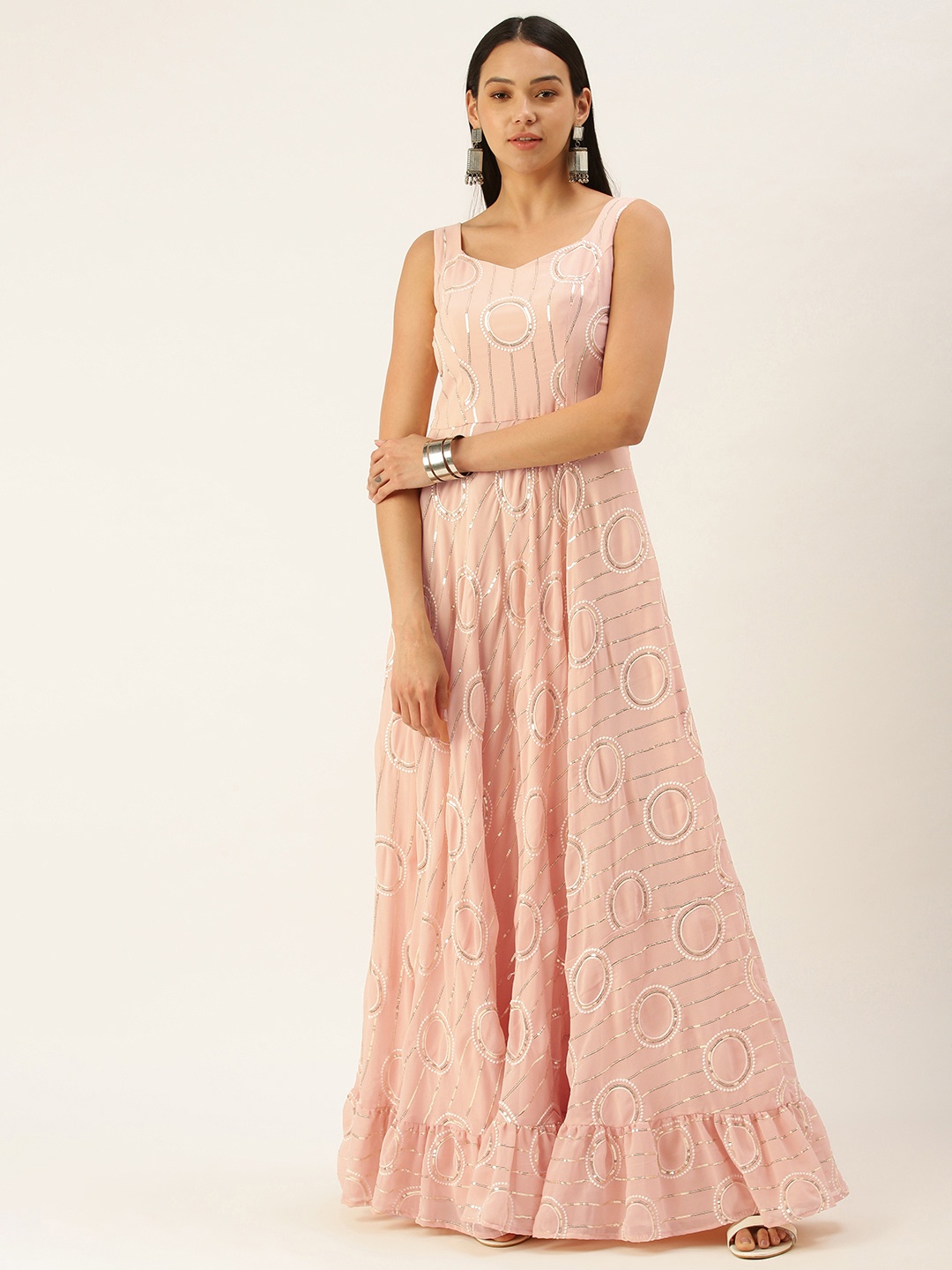 Ethnovog Pink Embroidered Sequinned Made to Measure Maxi Dress
