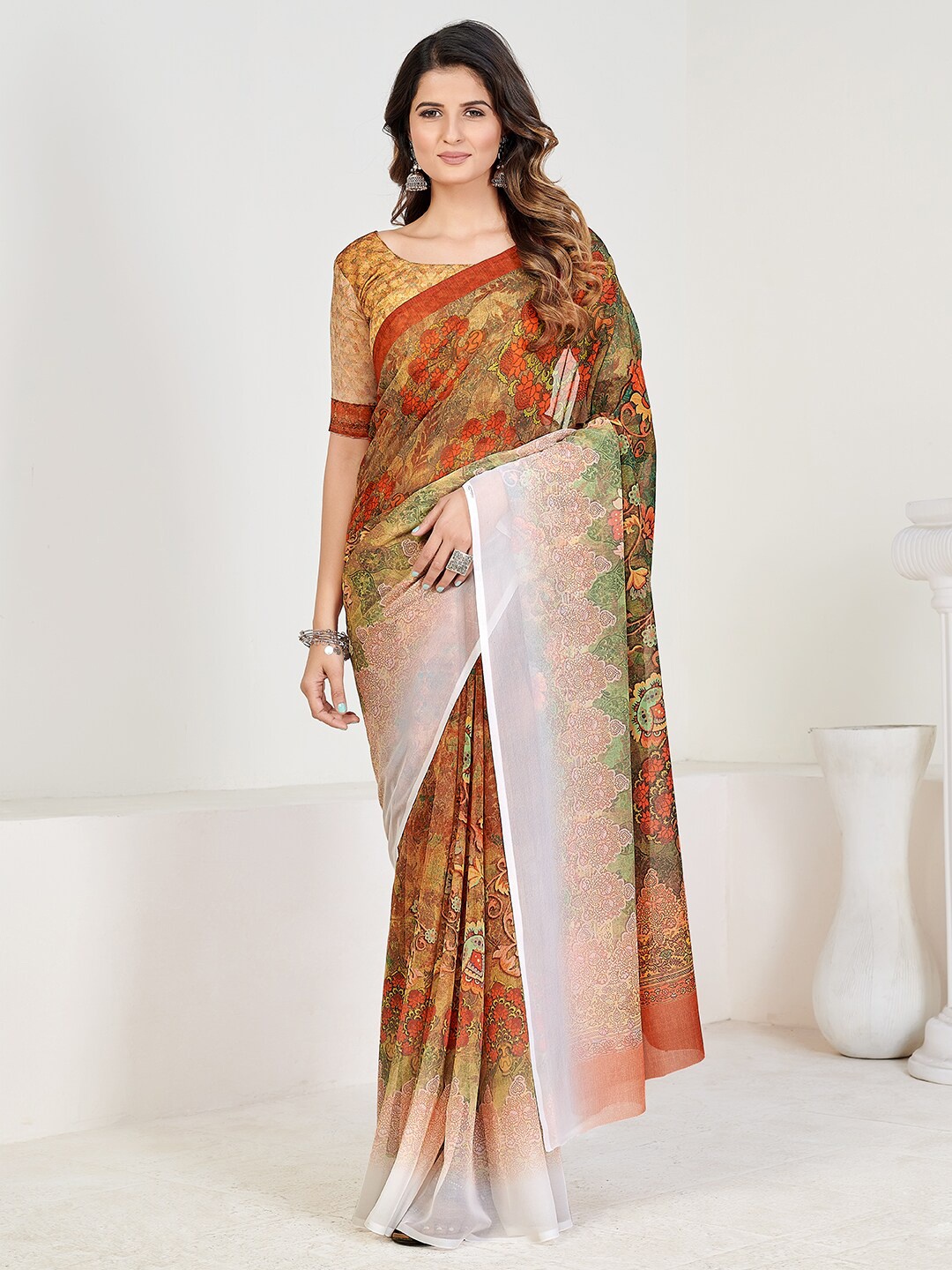 

SHOPGARB Orange & White Floral Pure Georgette Saree