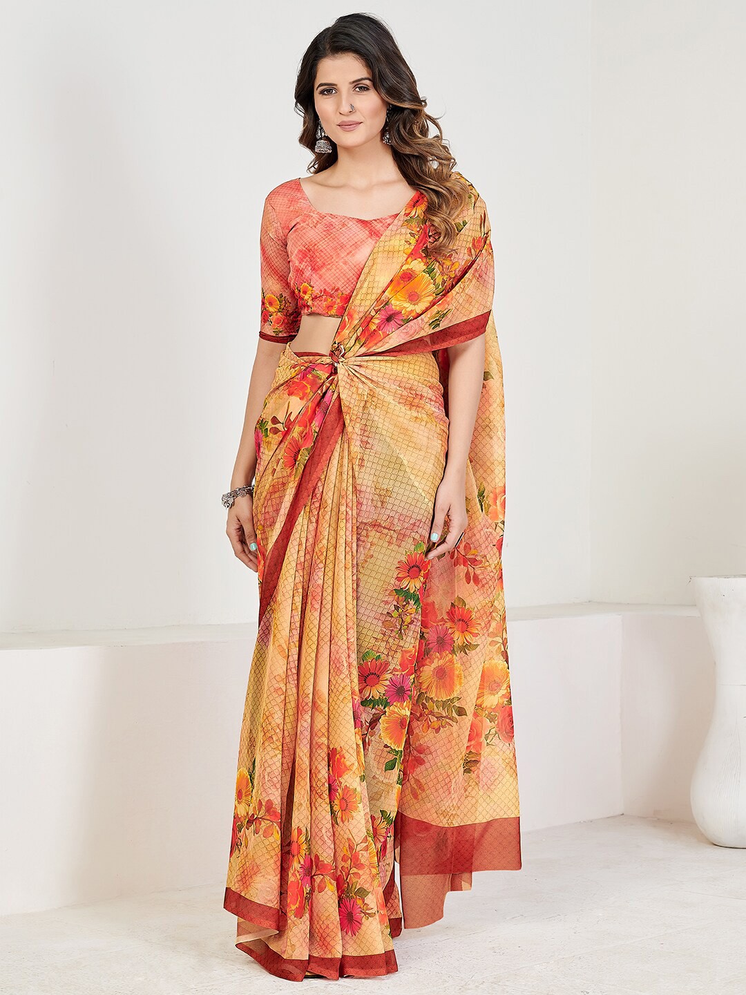 

SHOPGARB Orange & Yellow Floral Printed Pure Georgette Saree