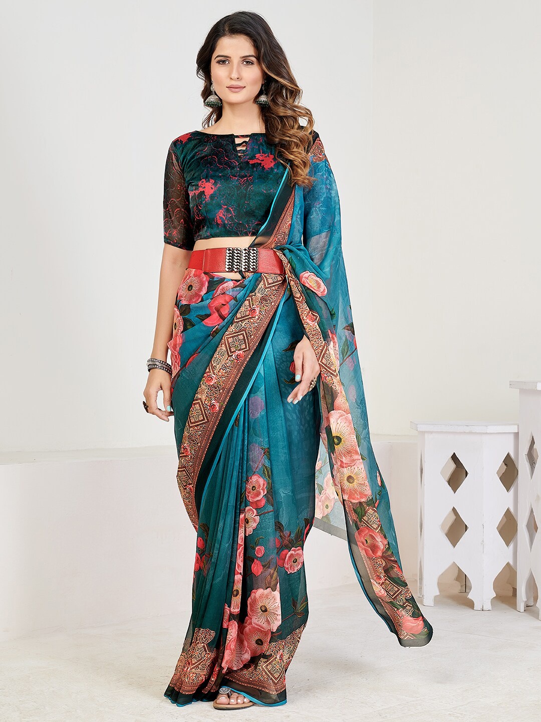 

SHOPGARB Teal Printed Georgette Saree