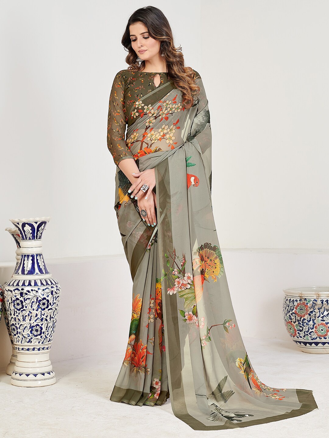 SHOPGARB Women Olive Floral Printed Pure Georgette Saree