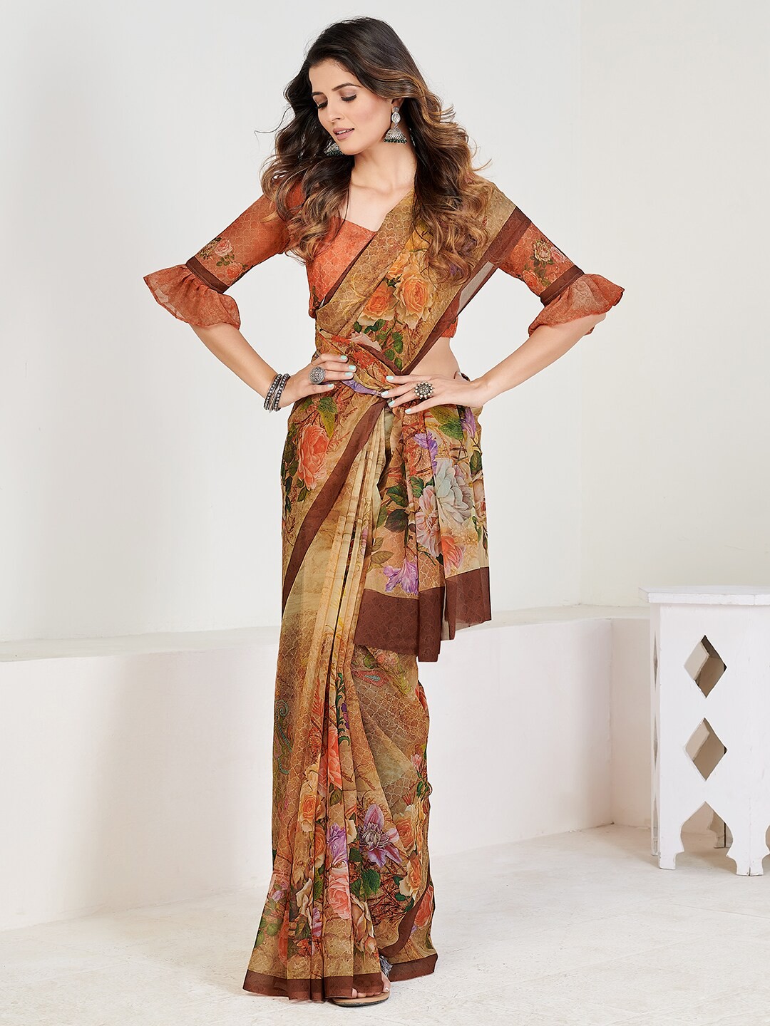 

SHOPGARB Beige & Brown Floral Pure Georgette Saree